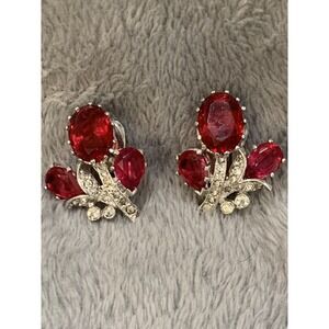 Kramer Vintage Crystal Rhinestone & Faux Ruby Bouquet Flower Signed Clip Earring